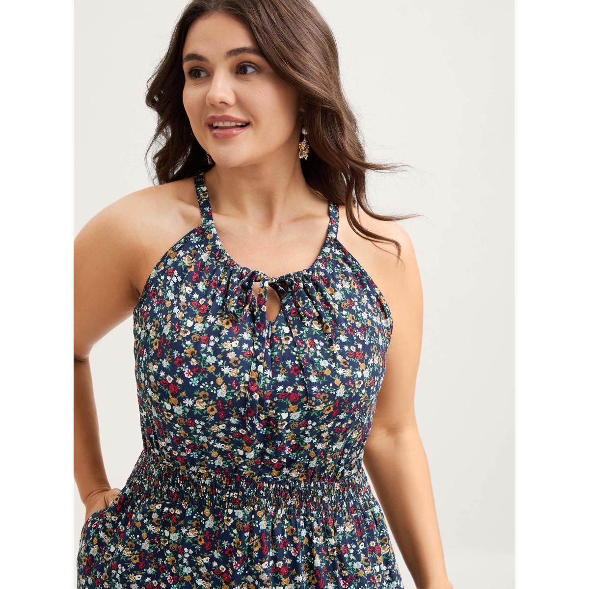 Plus Size Indigo Floral Print Shirred Waist Cami Jumpsuit Women Sleeveless Square Neck Everyday-Elegant Loose Jumpsuits BloomChic 28/5X Product Image