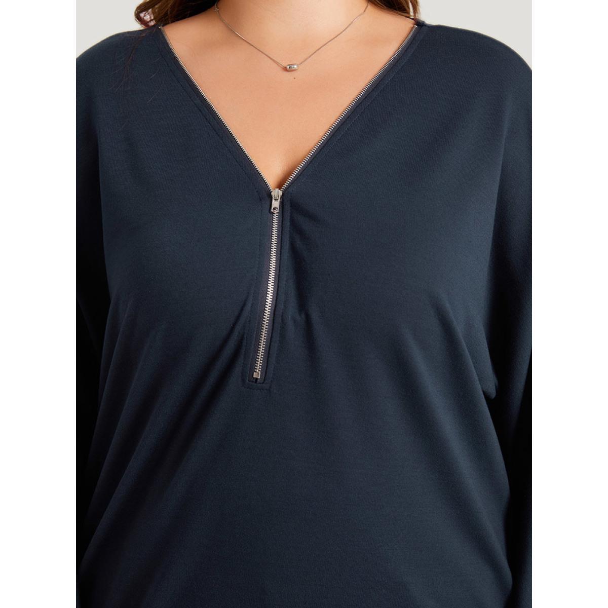 Plus Size Plain Zipper Half Elastic Cuffs Batwing Sleeve Sweatshirt Women Indigo Casual Elastic cuffs V-neck Dailywear Sweatshirts BloomChic 30/6X Product Image