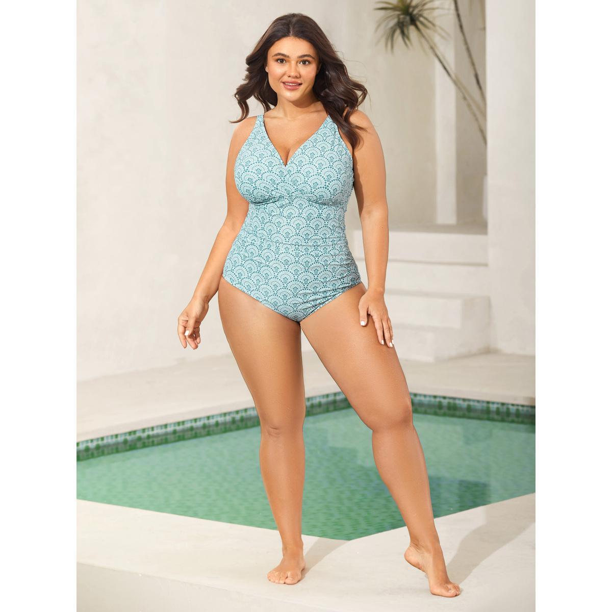 Plus Size Geometric Print Surplice One-Piece Swimsuit Women's Swimwear Emerald Beach Gathered Curve Bathing Suits High stretch One Pieces BloomChic 28/5X Product Image