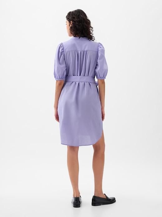 Linen-Cotton Puff-Sleeve Mini Shirtdress Product Image