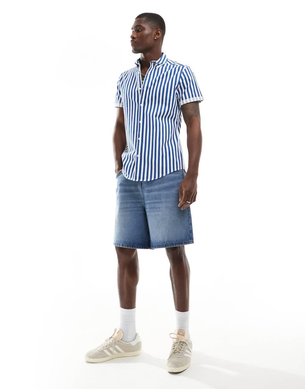 ASOS DESIGN stretch slim oxford stripe shirt in navy Product Image