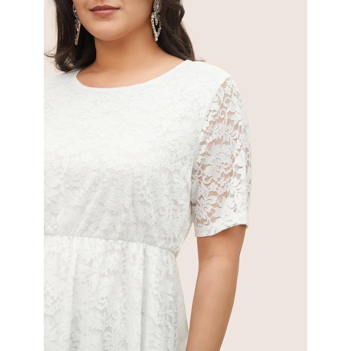 Plus Size White Solid Lace Panel High Low Hem Blouse Women Elegant Short sleeve Round Neck Everyday Blouses BloomChic 10/M Product Image