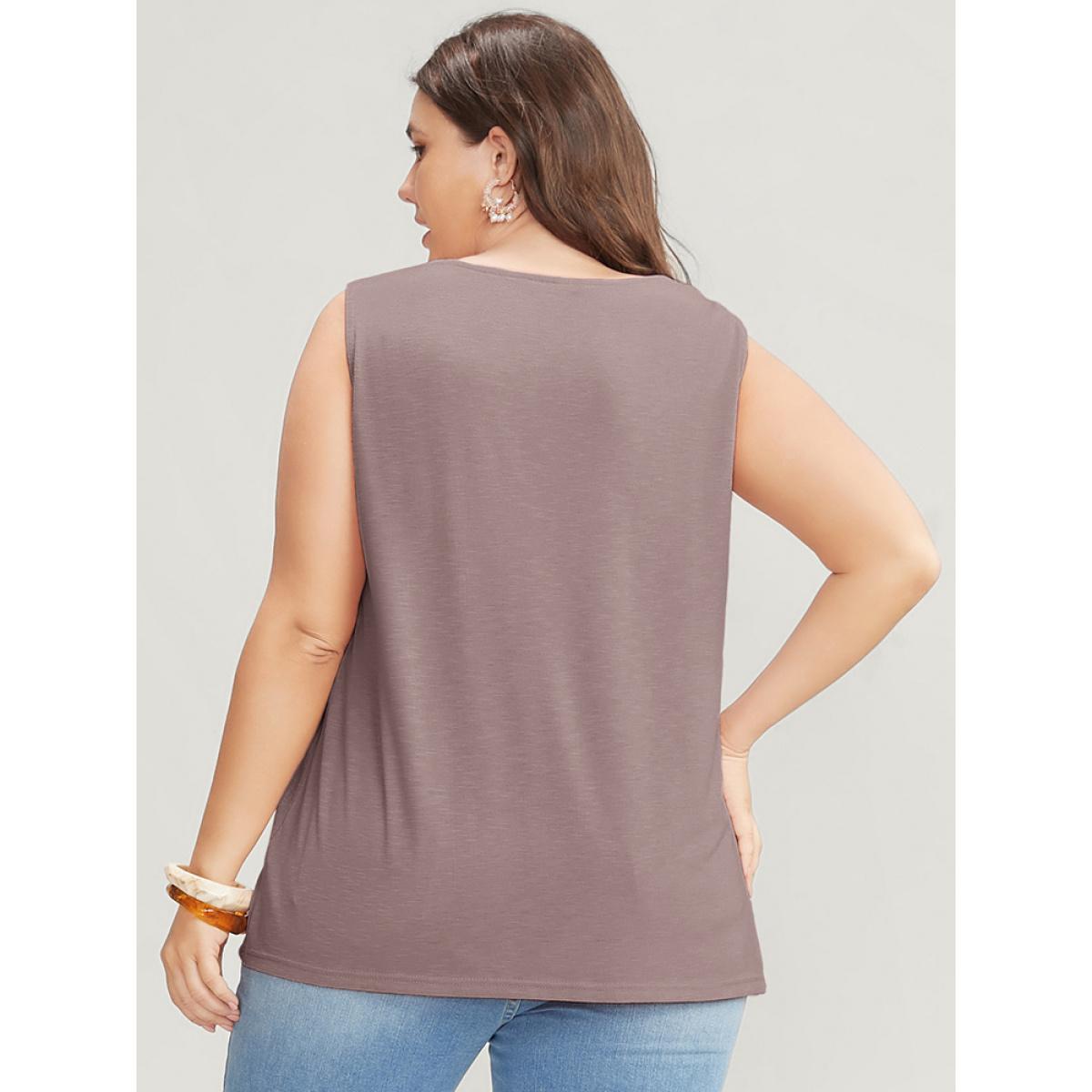 Plus Size Solid Patchwork Sleeveless Pompom Trim Tank Top Women Rouge Vacation Elastic Waist Round Neck Dailywear Tank Tops Camis BloomChic 30/6X Product Image