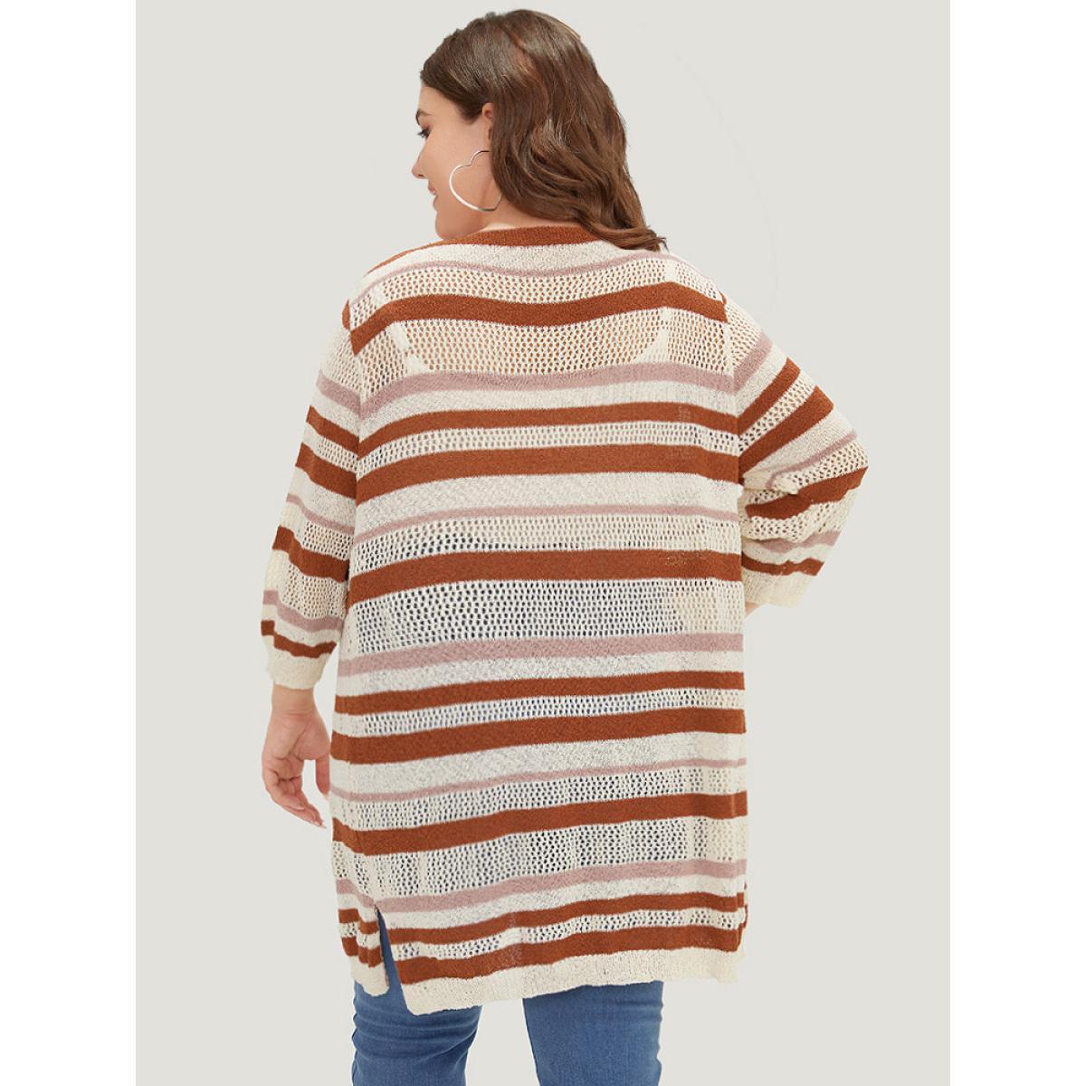 Plus Size Striped Hollow Out Open Front Split Hem Cardigan Multicolor Women Casual Loose Elbow-length sleeve Dailywear Cardigans BloomChic 12/L Product Image