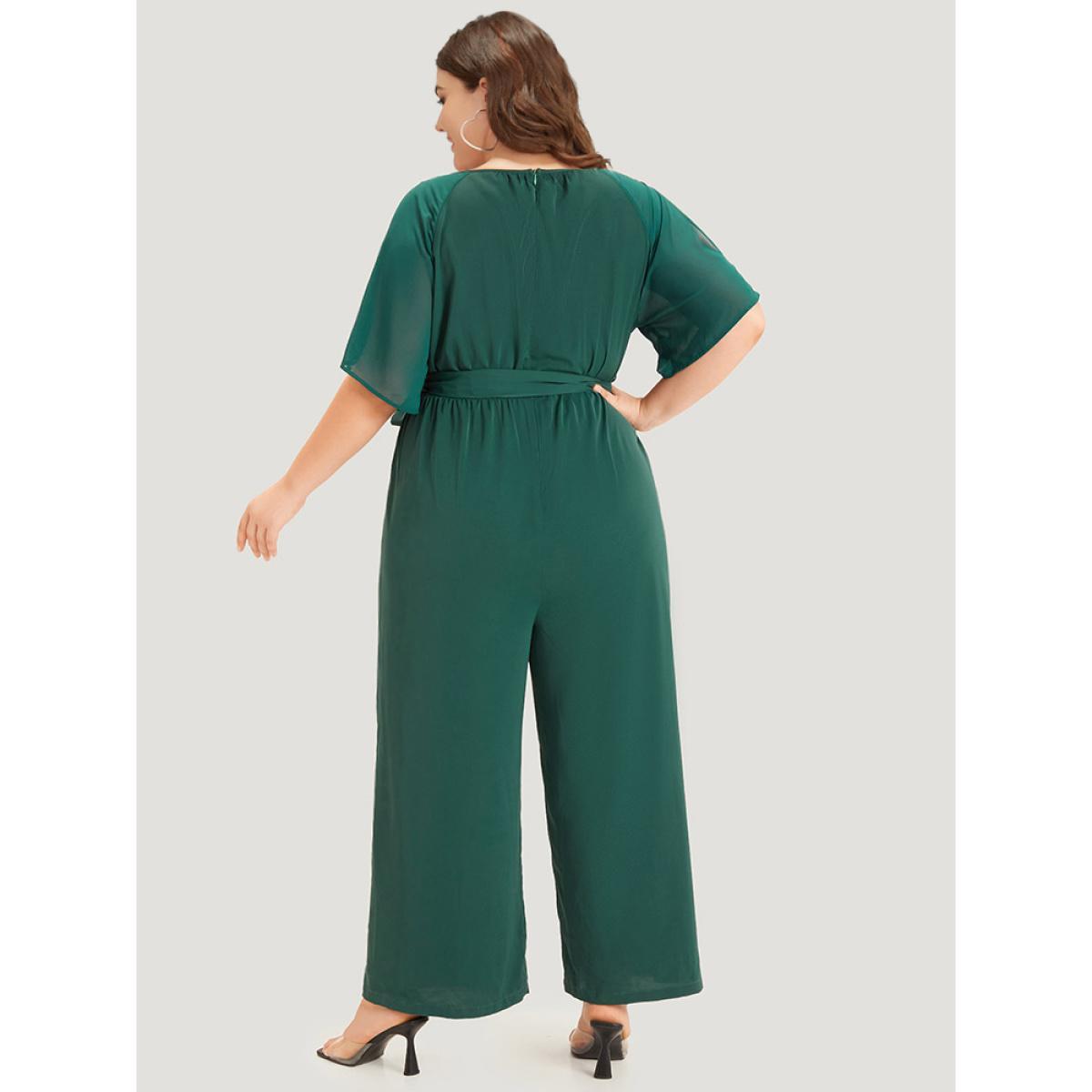 Plus Size DarkGreen Solid Belted Pocket Cut Out Zipper Jumpsuit Women Office Short sleeve Round Neck Work Loose Jumpsuits BloomChic 12/L Product Image