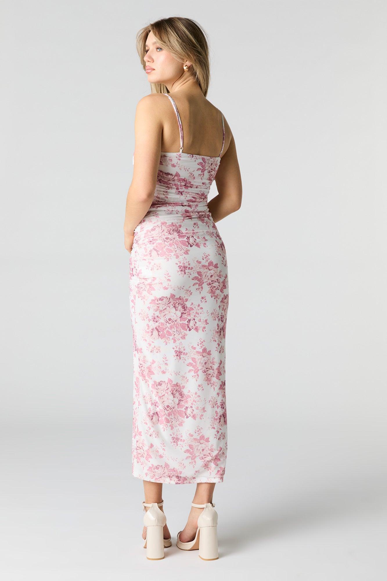 Floral Mesh Ruched Slit Midi Dress Female Product Image