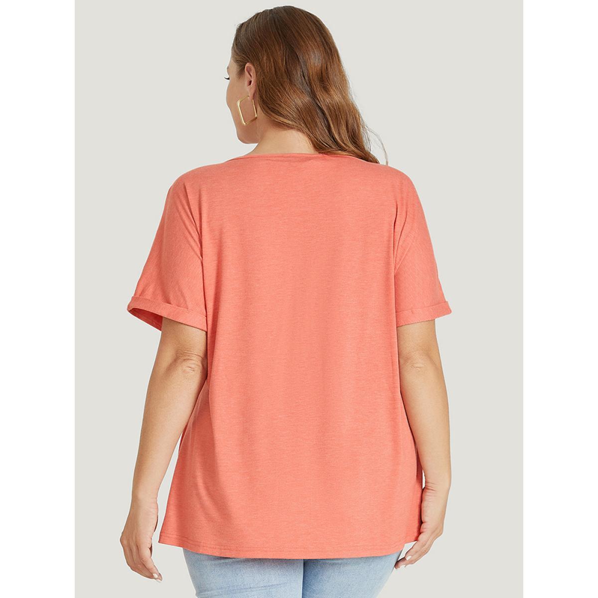 Plus Size Plain Button Detail Roll Dolman Sleeve T-shirt Coral Women Casual Plain V-neck Dailywear T-shirts BloomChic 10/M Product Image