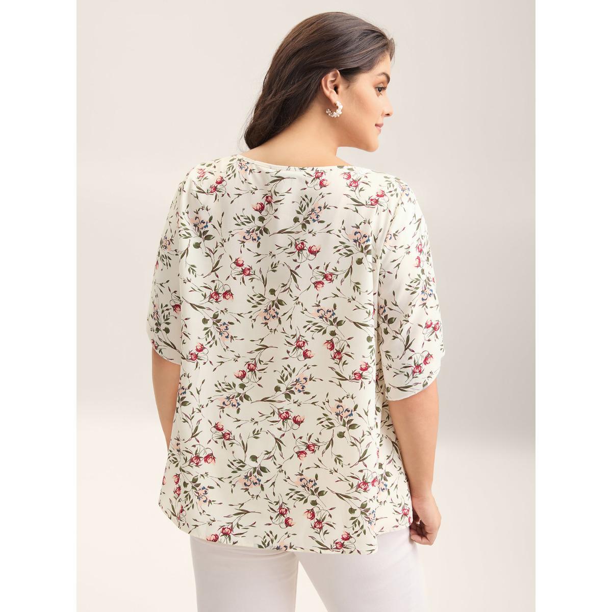 Plus Size Ivory Floral Print Petal Sleeve Pleated Blouse Women Elegant Elbow-length sleeve Round Neck Everyday Blouses BloomChic 26/4X Product Image