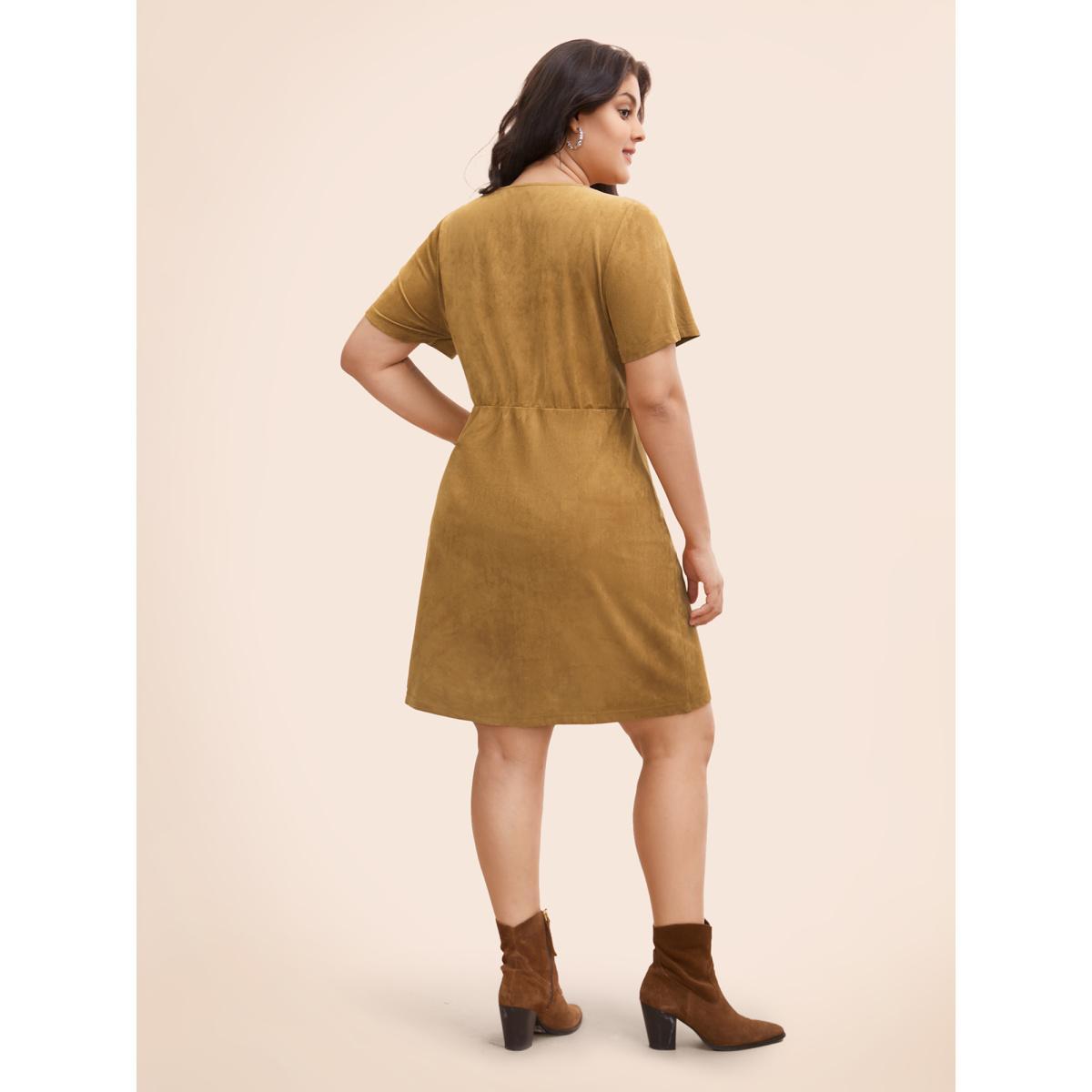 Plus Size Suede Stretchy Back-Waist Midi Dress Wheat Women Resort Eyelet Round Neck Short sleeve Curvy BloomChic 12/L Product Image