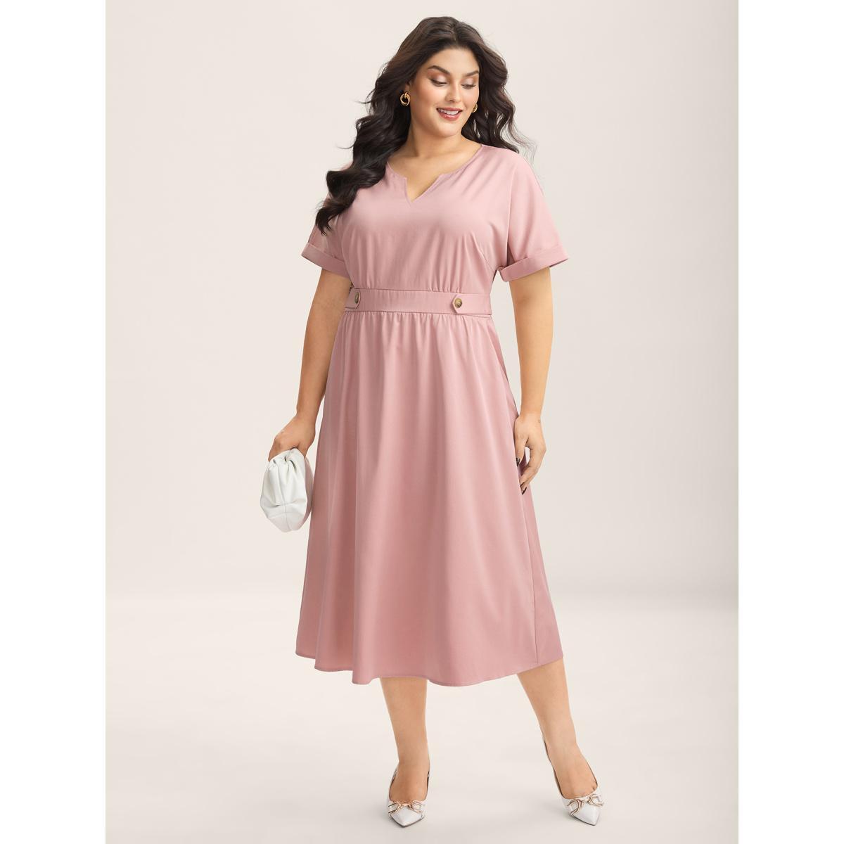 Plus Size Shirred Back Waist Pockets Midi Dress Watermelon Women Flat collar with V-notch Short sleeve Curvy BloomChic 26/4X Product Image