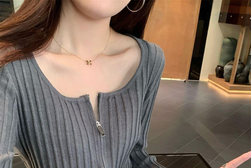 Long-Sleeve Square Neck Zip-Up Plain Knit Top Product Image