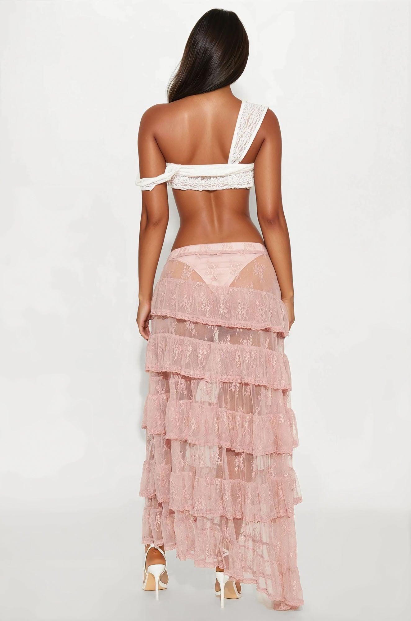 Hopeless Romantic Sheer Lace Asymmetrical Tiered Maxi Skirt - Mauve Product Image