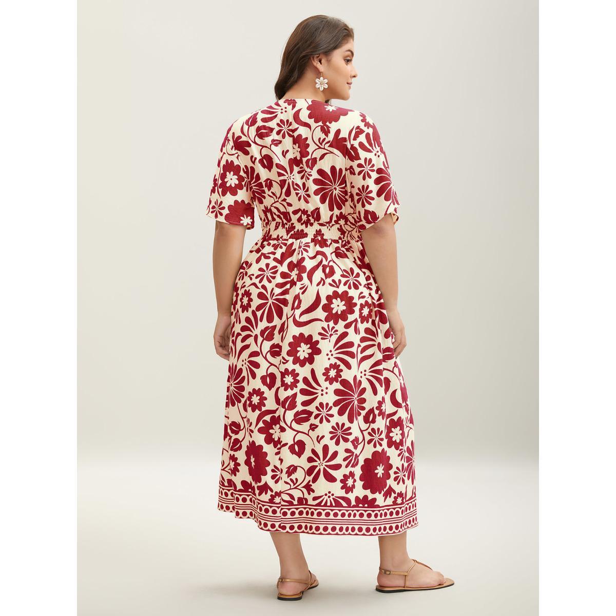Plus Size Large Floral Print Pockets Midi Dress Burgundy Women Slit V-neck Short sleeve Curvy BloomChic 18-20/2X Product Image