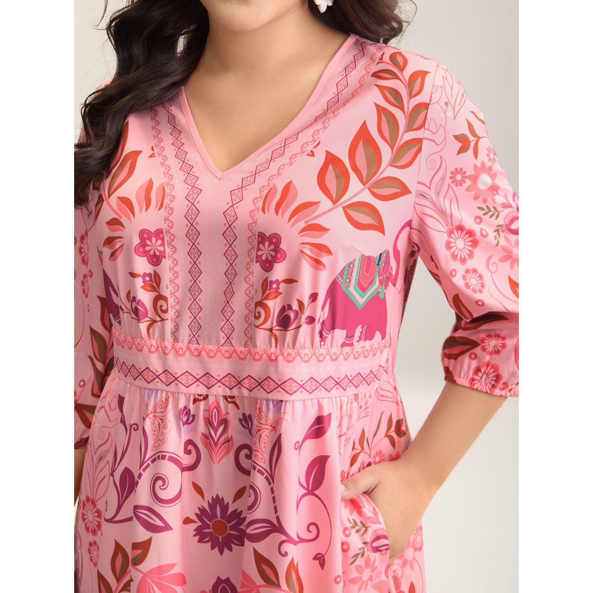 Plus Size Boho Print V-Neck Pockets Midi Dress Blush Women Resort Non V-neck Elbow-length sleeve Curvy BloomChic 30/6X Product Image