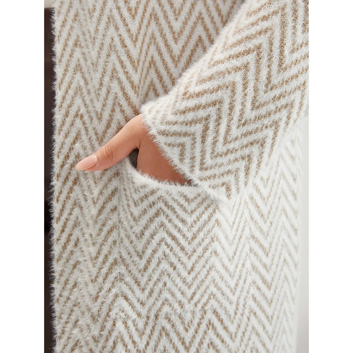 Plus Size Geometric Super Soft Plush Knit Pocket Open Front Cardigan Tan Women Elegant Long Sleeve Dailywear Cardigans BloomChic 10/M Product Image