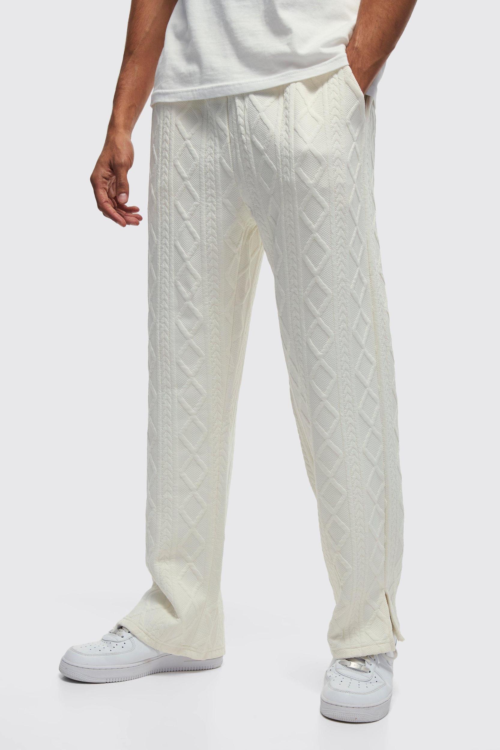Mens Relaxed Fit Cable Knit Split Hem Sweatpants - Beige Product Image