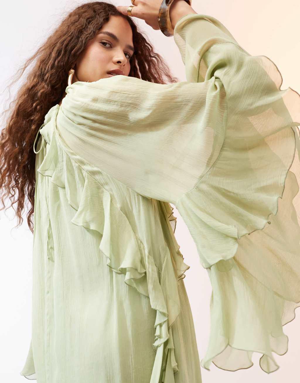 Mango ruffle and pleat front woven mini dress in pistachio Product Image