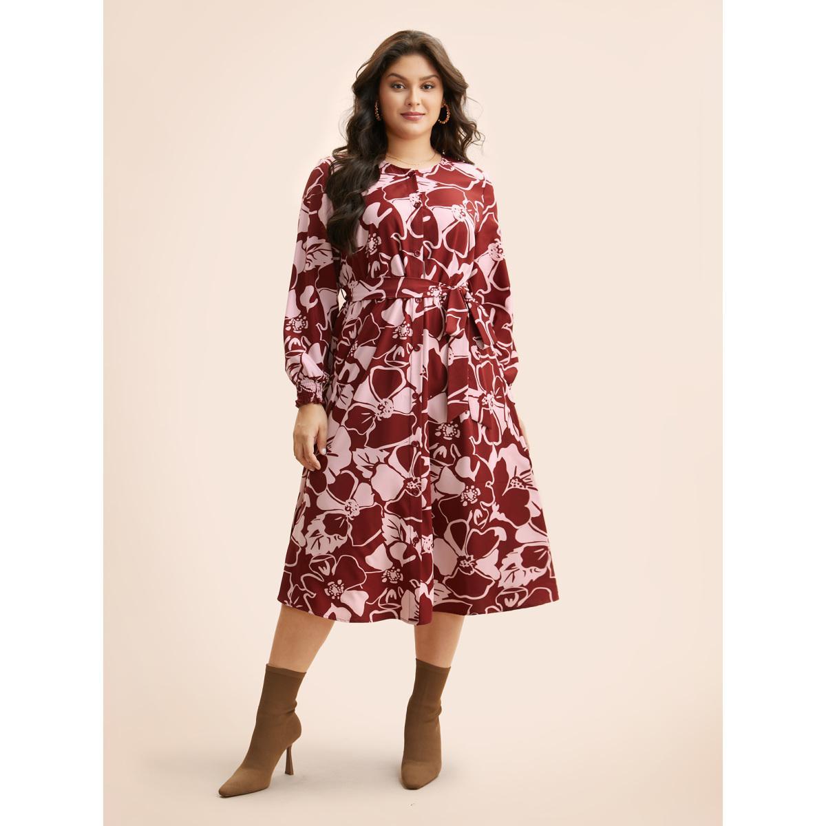 Plus Size Floral Button Up Belted Dress Burgundy Women Elegant Belted Round Neck Long Sleeve Curvy BloomChic 12/L Product Image