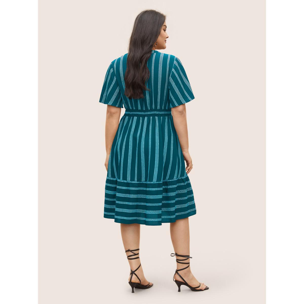 Plus Size Striped Patchwork Tassels Ties Shirred Dress Cerulean Women Resort Non V-neck Short sleeve Curvy Midi Dress BloomChic 18-20/2X Product Image