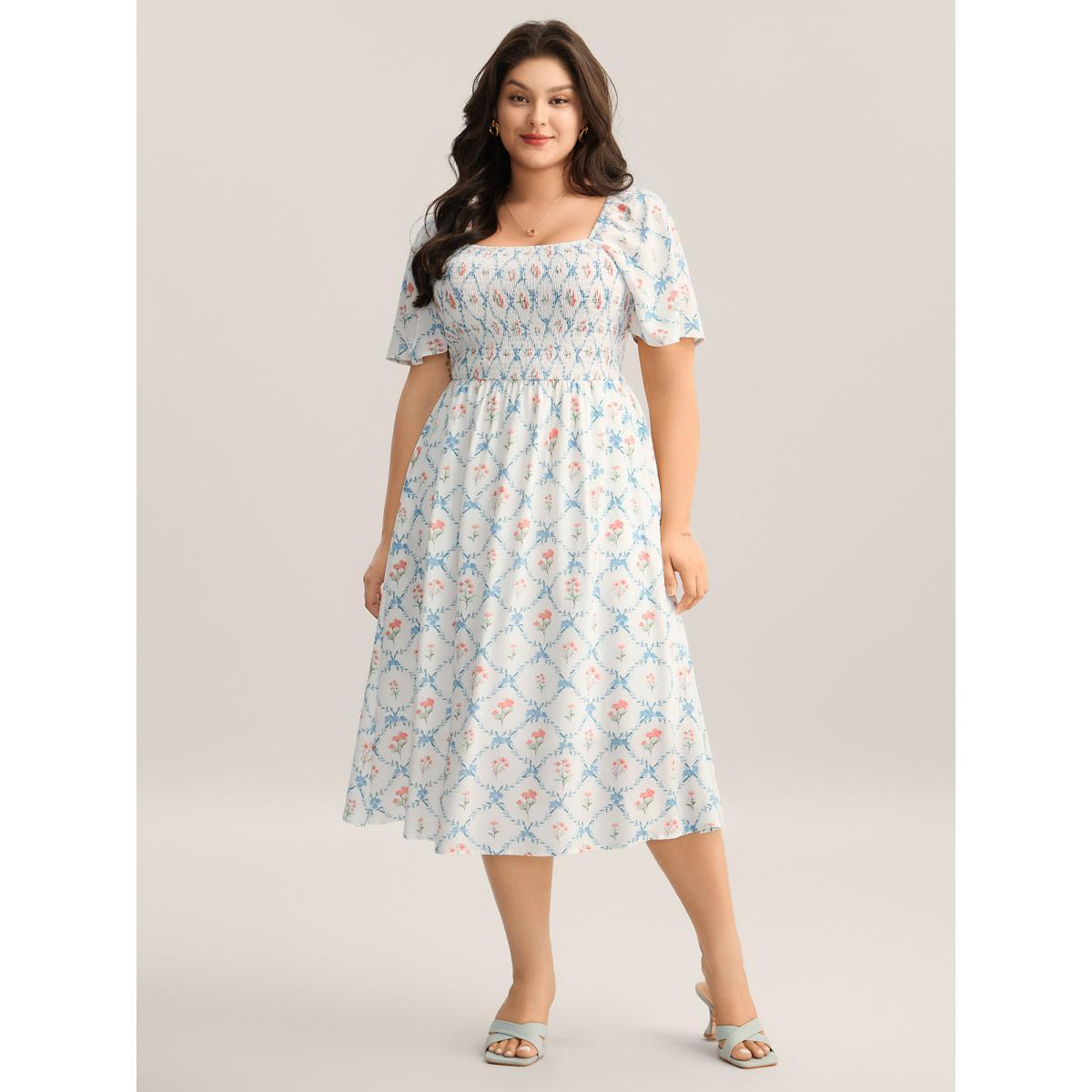 Plus Size Shirred Floral Print Pockets Midi Dress Originalwhite Women Square Neck Short sleeve Curvy BloomChic 18-20/2X Product Image
