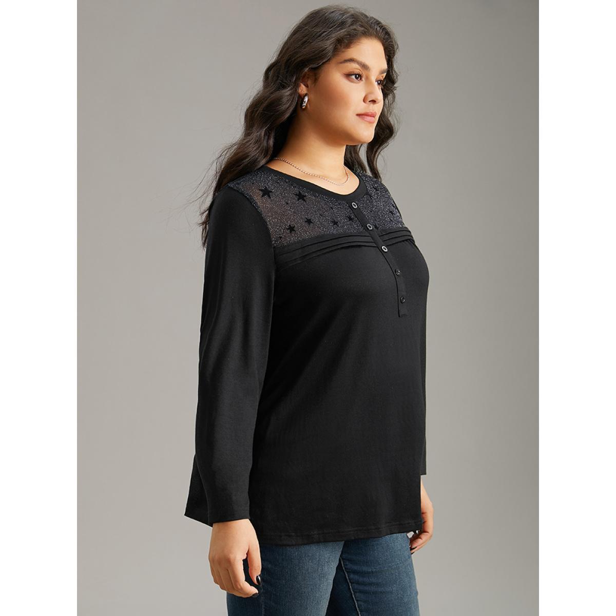 Plus Size Star Mesh Patchwork Button Detail T-shirt Black Women Elegant See through Moon and Star Round Neck Dailywear T-shirts BloomChic 28/5X Product Image