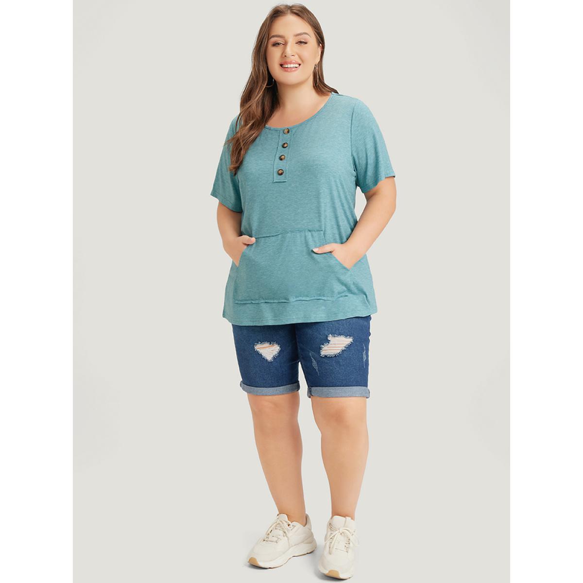 Plus Size Plain Heather Button Detail Patch Pocket T-shirt Cerulean Women Casual Heather Plain Round Neck Dailywear T-shirts BloomChic 30/6X Product Image