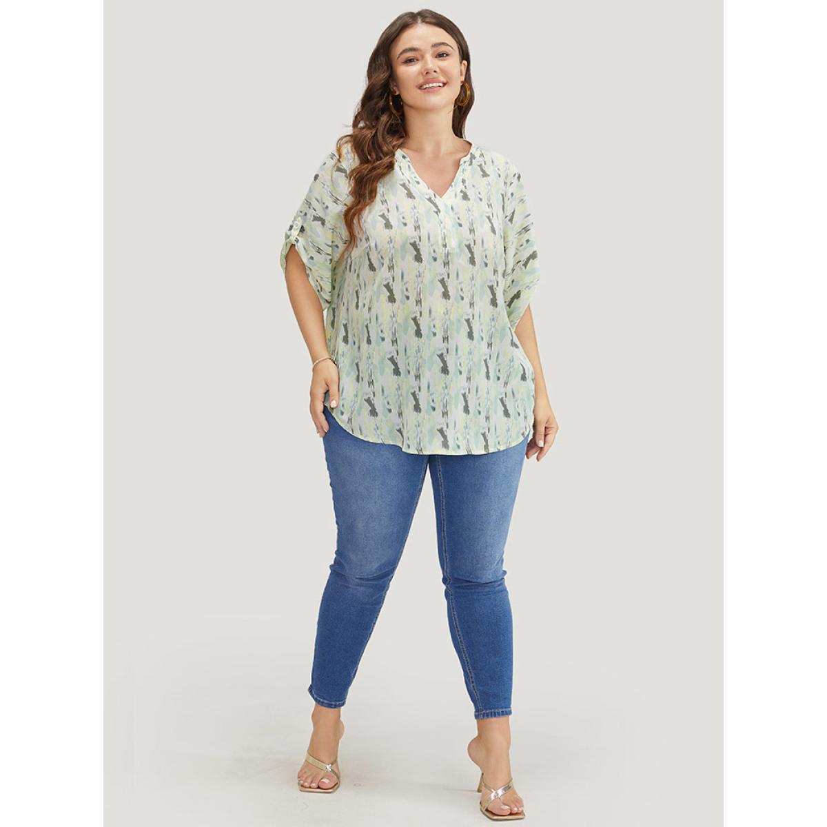 Plus Size LightGreen Brush Print Notched Neck Contrast Cuffed Sleeve Blouse Women Vacation Half Sleeve V-neck Dailywear Blouses BloomChic 22-24/3X Product Image