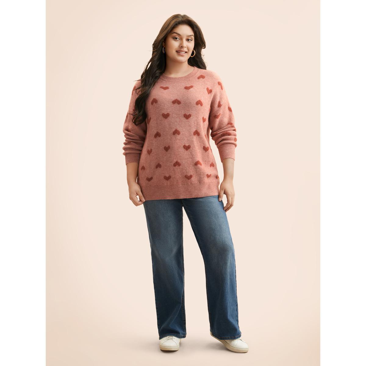 Plus Size Heart Shaped Drop Shoulder Pullover Watermelon Women Casual Long Sleeve Round Neck Everyday Pullovers BloomChic 14-16/1X Product Image