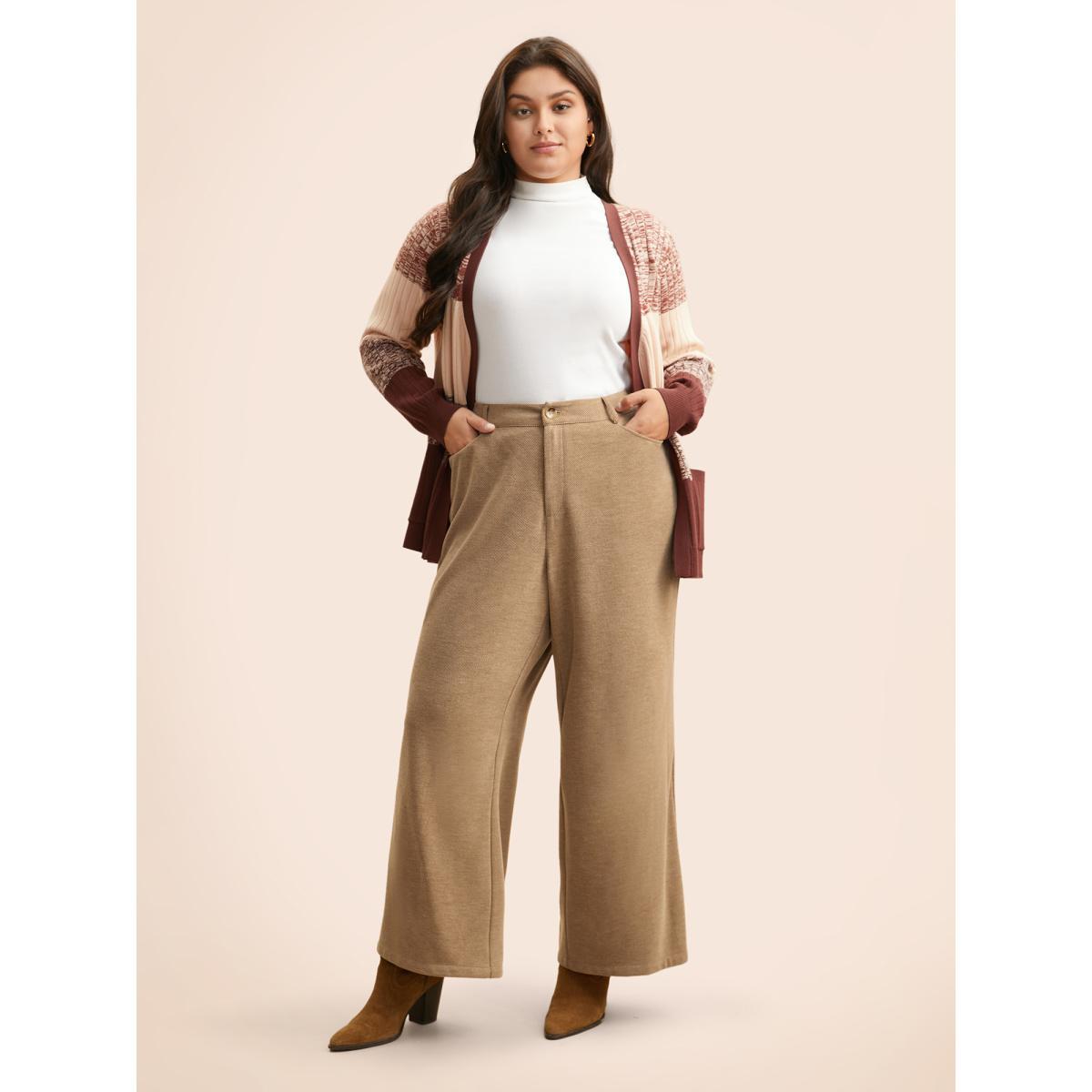 Plus Size Mid Rise Slanted Pocket Wide Leg Pants Women Tan Elegant Wide Leg Mid Rise Everyday Pants BloomChic 22-24/3X Product Image