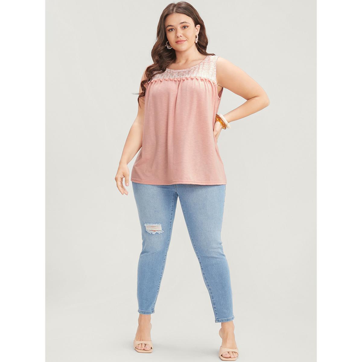 Plus Size Solid Patchwork Sleeveless Pompom Trim Tank Top Women Crepe Vacation Elastic Waist Round Neck Dailywear Tank Tops Camis BloomChic 12/L Product Image