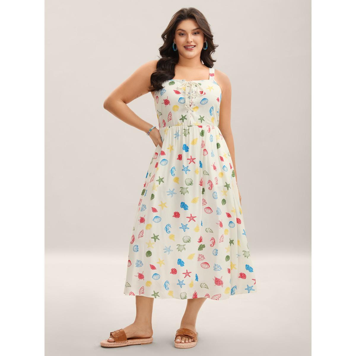 Plus Size Ocean Print Adjustable Straps Pockets Midi Dress Beige Women Non Sleeveless Curvy BloomChic 26/4X Product Image