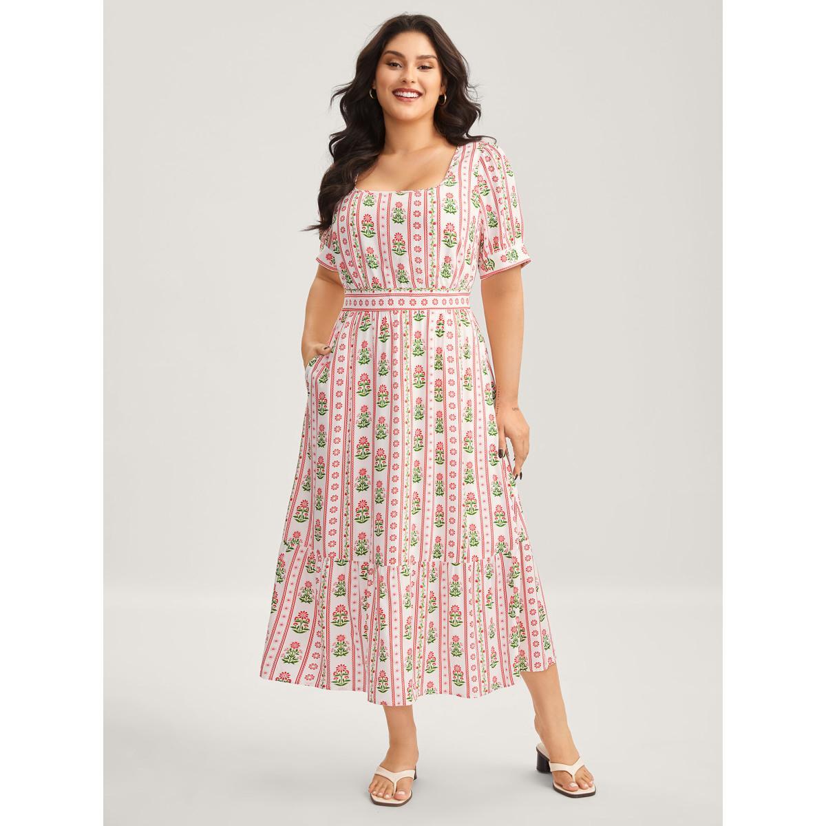 Plus Size Floral Stripe Shirred Waist Midi Dress Raspberry Women Non Short sleeve Curvy BloomChic 14-16/1X Product Image
