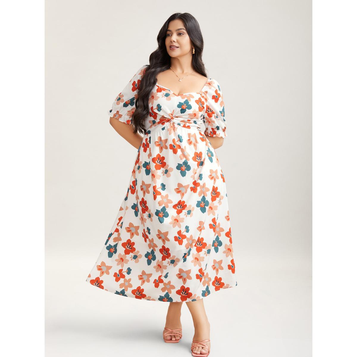 Plus Size Sweet Floral Front-Twist Lined Maxi Dress Multicolor Women Elegant Twist Heart neckline Short sleeve Curvy BloomChic 12/L Product Image