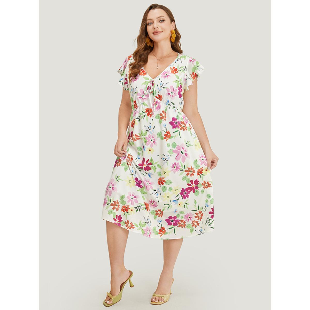 Plus Size Floral Knot Neck Pocket Cap Sleeve Ruffle Trim Dress Multicolor Women Elegant Knotted V-neck Cap Sleeve Curvy Midi Dress BloomChic 14-16/1X Product Image