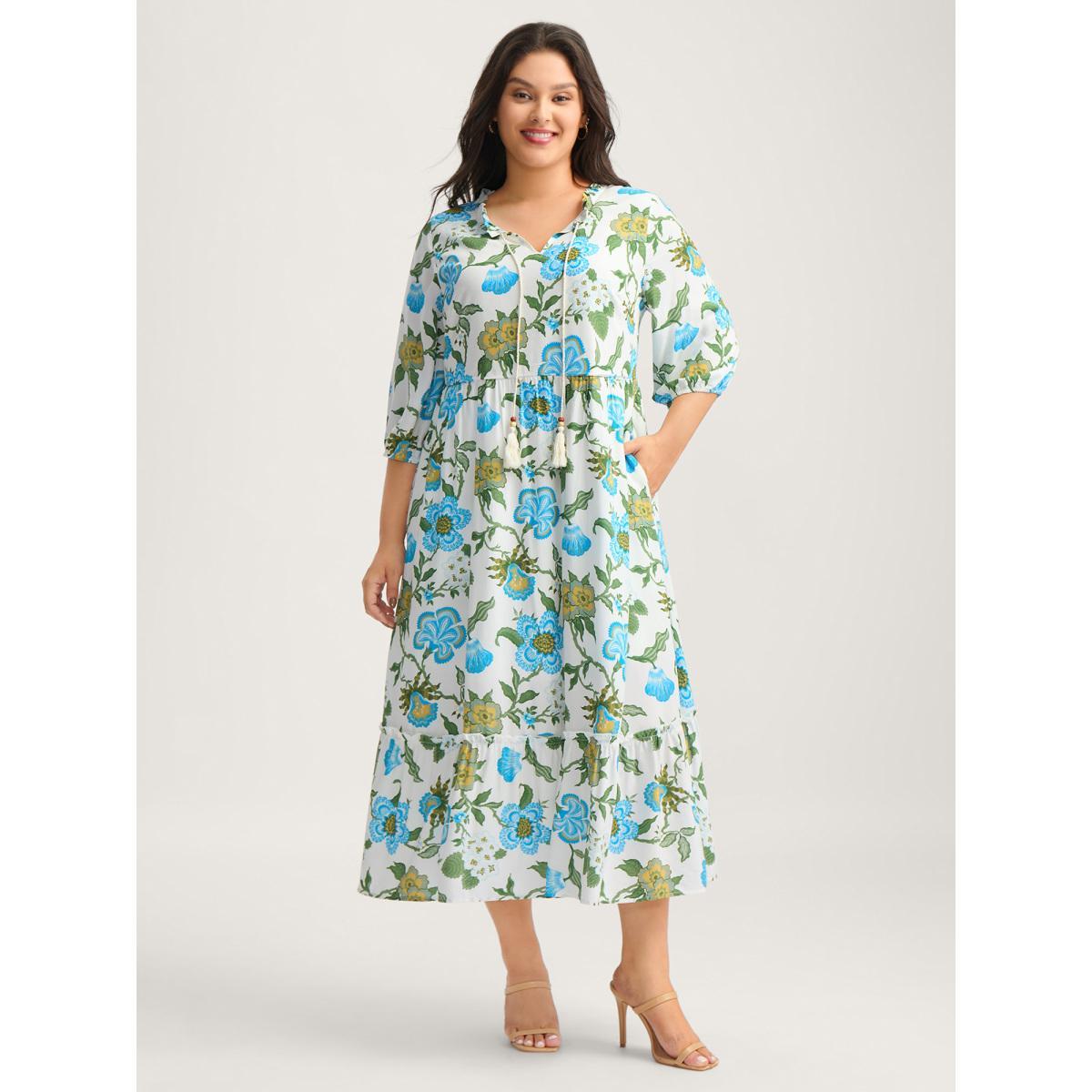 Plus Size Floral Print Beaded Tassel Neck Midi Dress WhiteSmoke Women Tie knot Flat collar with V-notch Elbow-length sleeve Curvy BloomChic 26/4X Product Image