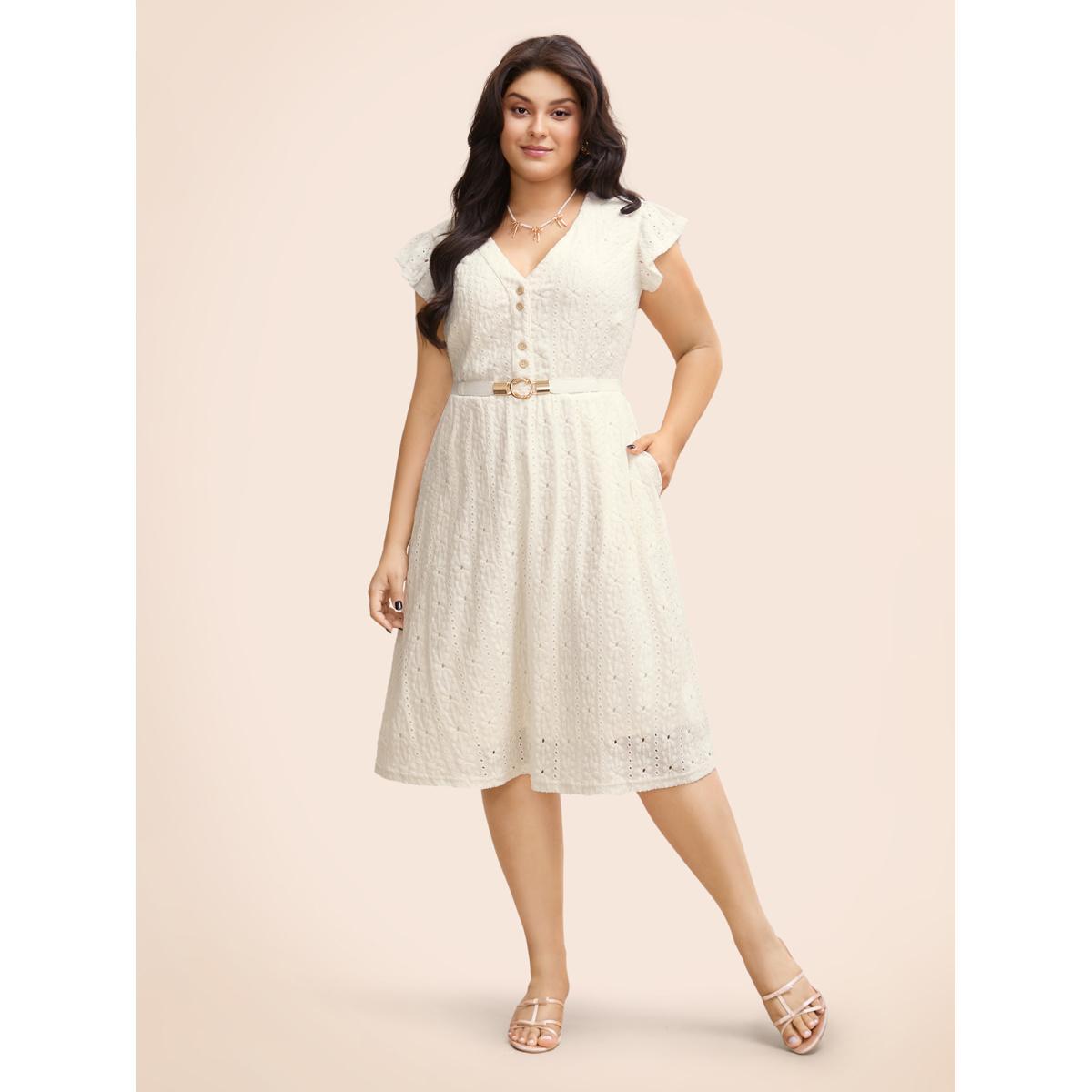 Plus Size Textured Button Detail Cap Sleeve Dress Ivory Women Elegant Texture V-neck Cap Sleeve Curvy BloomChic 26/4X Product Image
