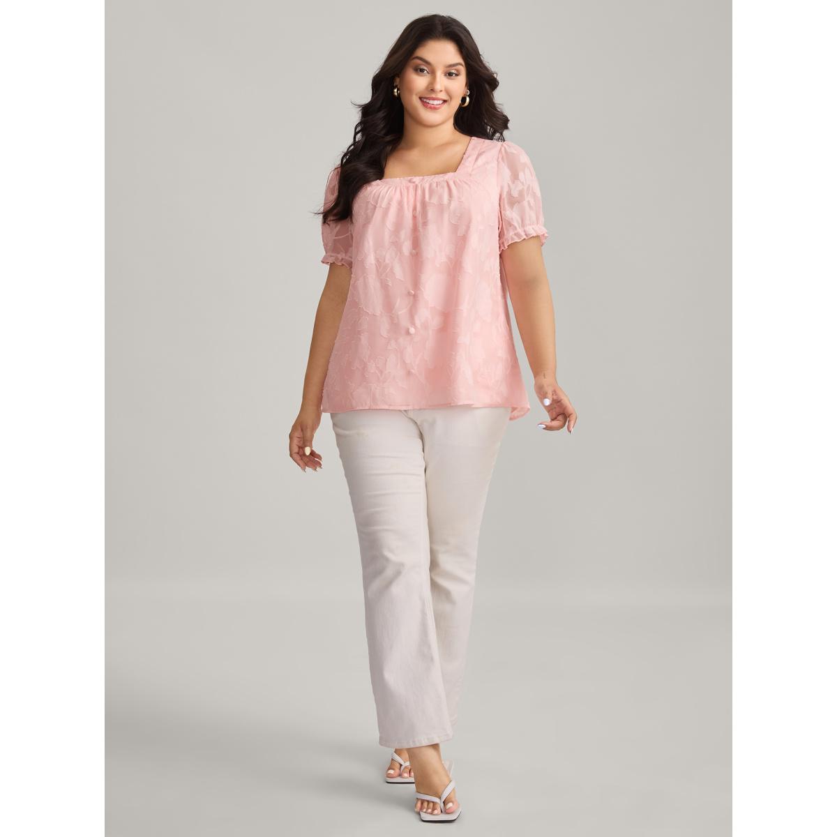 Plus Size MistyRose Floral Textured Button Detail Blouse Women Elbow-length sleeve Square Neck Everyday-Elegant Blouses BloomChic 28/5X Product Image