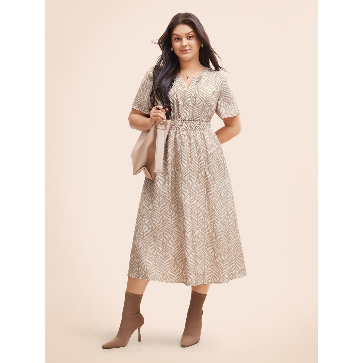 Plus Size Boho Print Notched Collar Shirred Dress LightBrown Women At the Office Shirred Notched collar Short sleeve Curvy BloomChic 22-24/3X Product Image