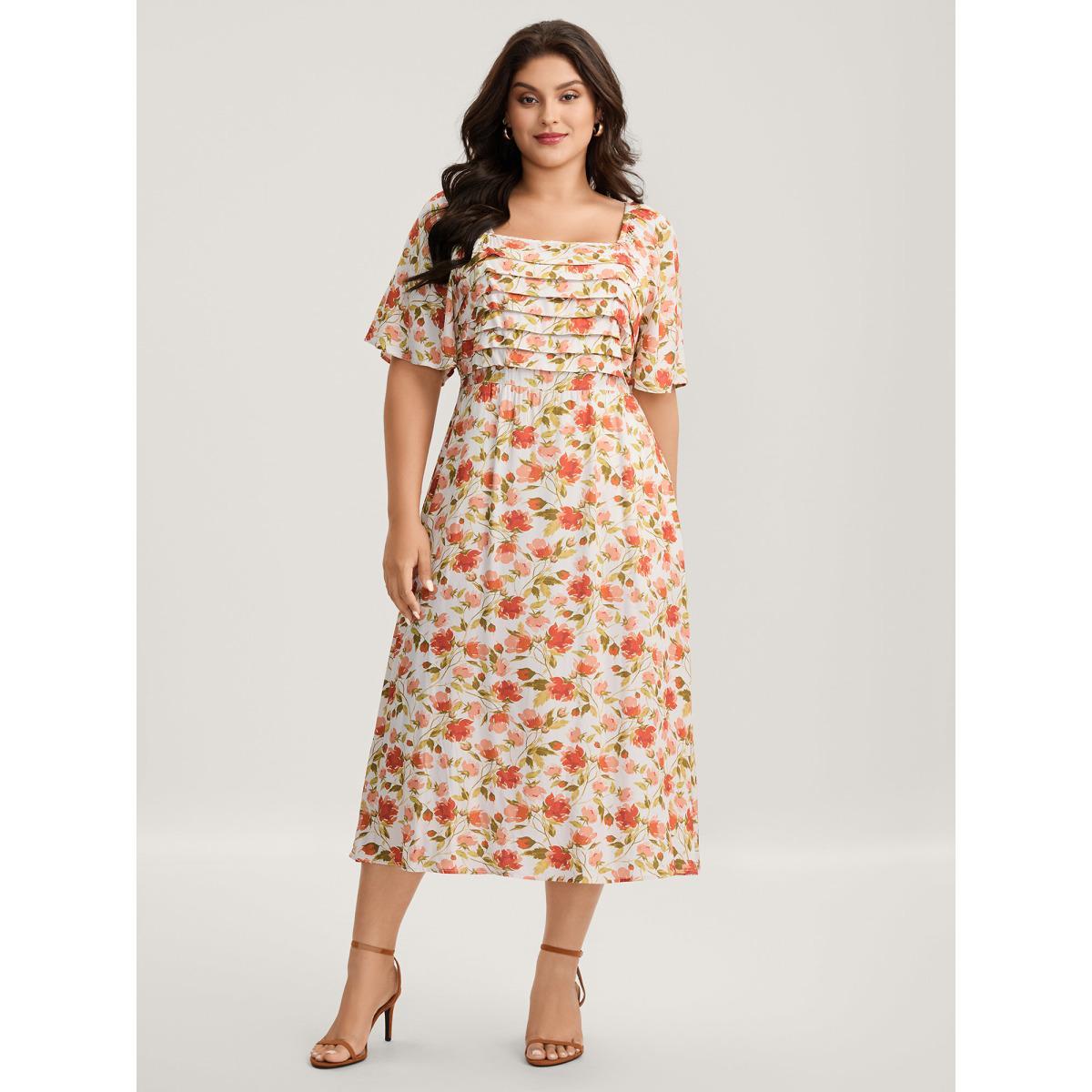 Plus Size Floral Pleated Bodice Pockets Midi Dress Ivory Women Tucked seam Square Neck Short sleeve Curvy BloomChic 12/L Product Image