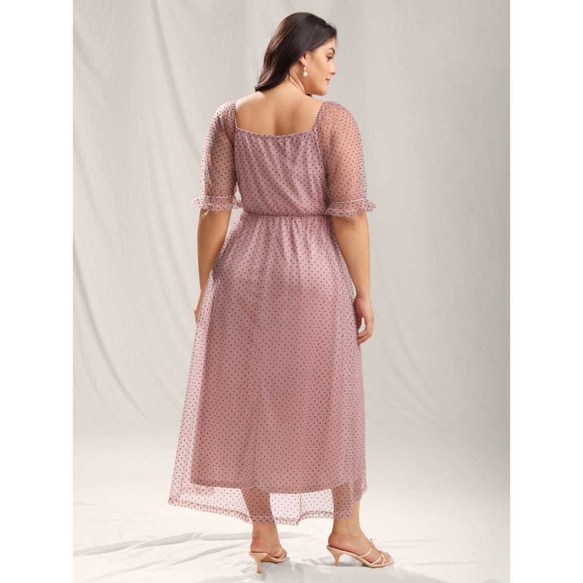 Plus Size Polka Dot Print Ruched Textured Midi Dress DustyPink Women Heart neckline Short sleeve Curvy BloomChic 12/L Product Image