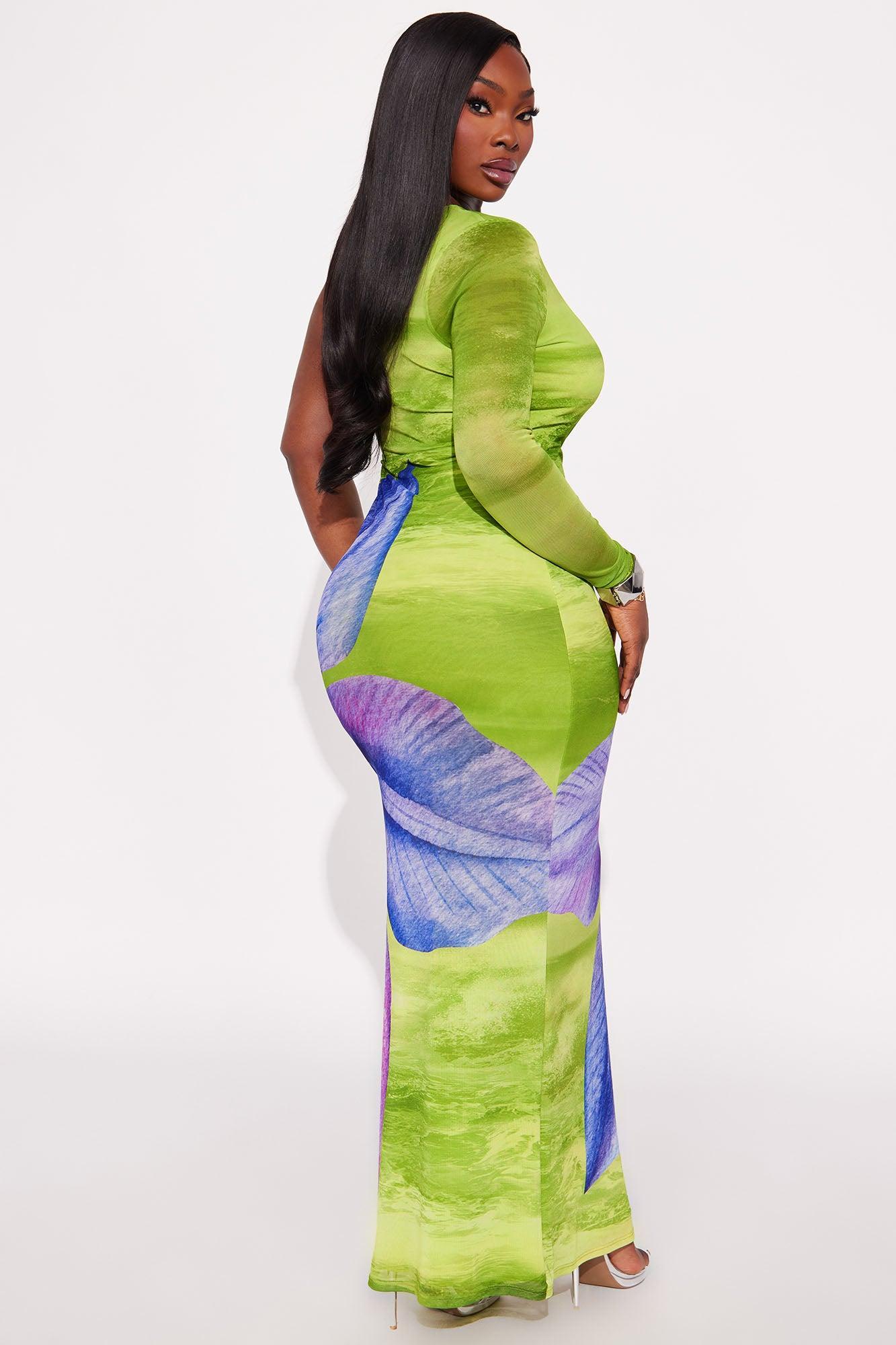 Kiara One Shoulder Mesh Maxi Dress - Green/combo Product Image