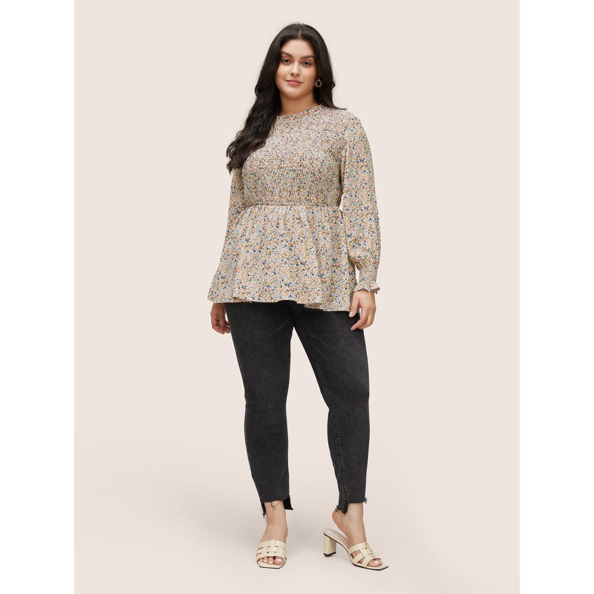 Plus Size Multicolor Ditsy Floral Shirred Elastic Waist Puff Sleeve Blouse Women Elegant Long Sleeve Round Neck Dailywear Blouses BloomChic 26/4X Product Image