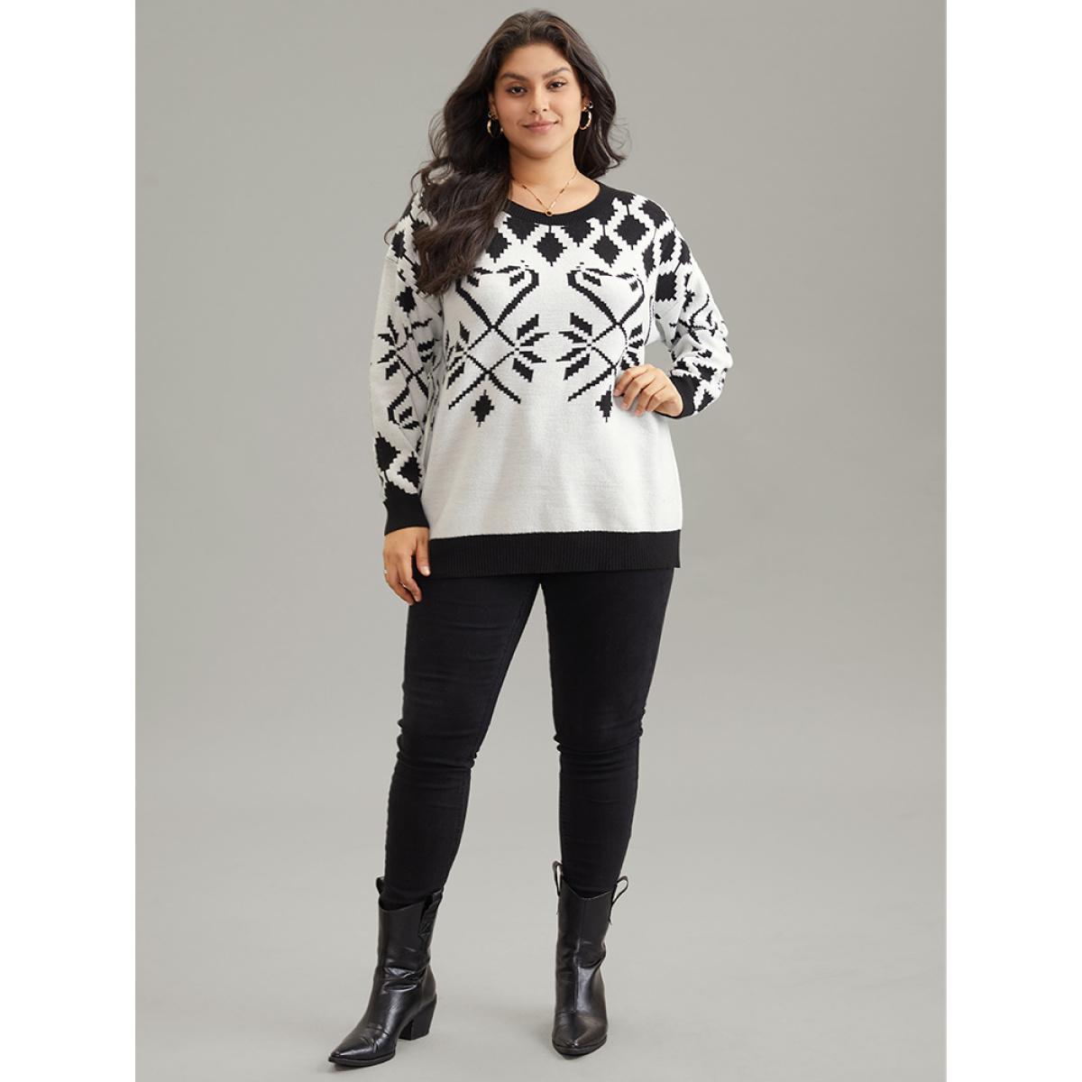 Plus Size Supersoft Essentials Geometric Jacquard Crew Neck Pullover Black Women Casual Loose Long Sleeve Round Neck Dailywear Pullovers BloomChic 22-24/3X Product Image