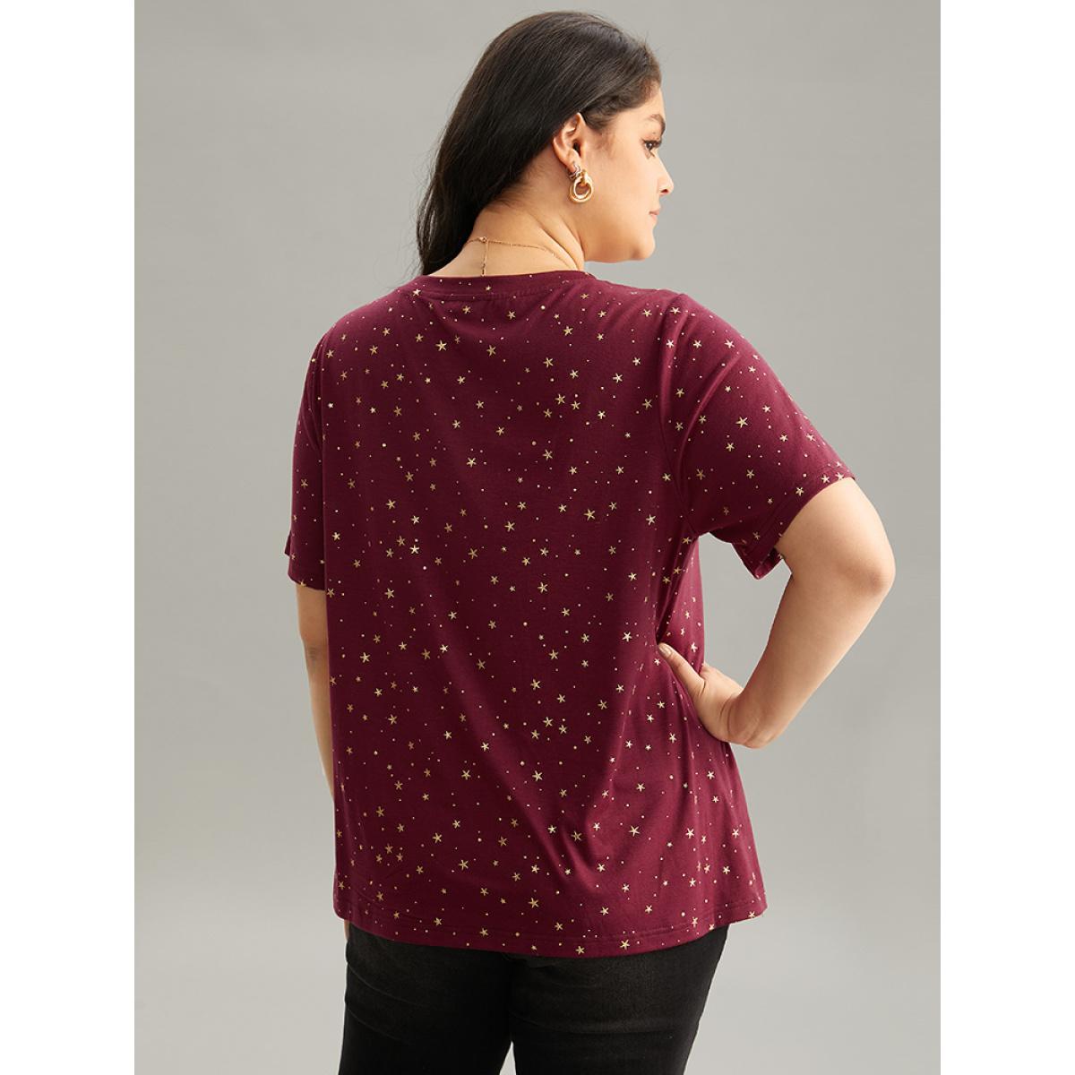 Plus Size Star Polka Dot V Neck T-shirt Burgundy Women Elegant Contrast Moon and Star V-neck Dailywear T-shirts BloomChic 28/5X Product Image