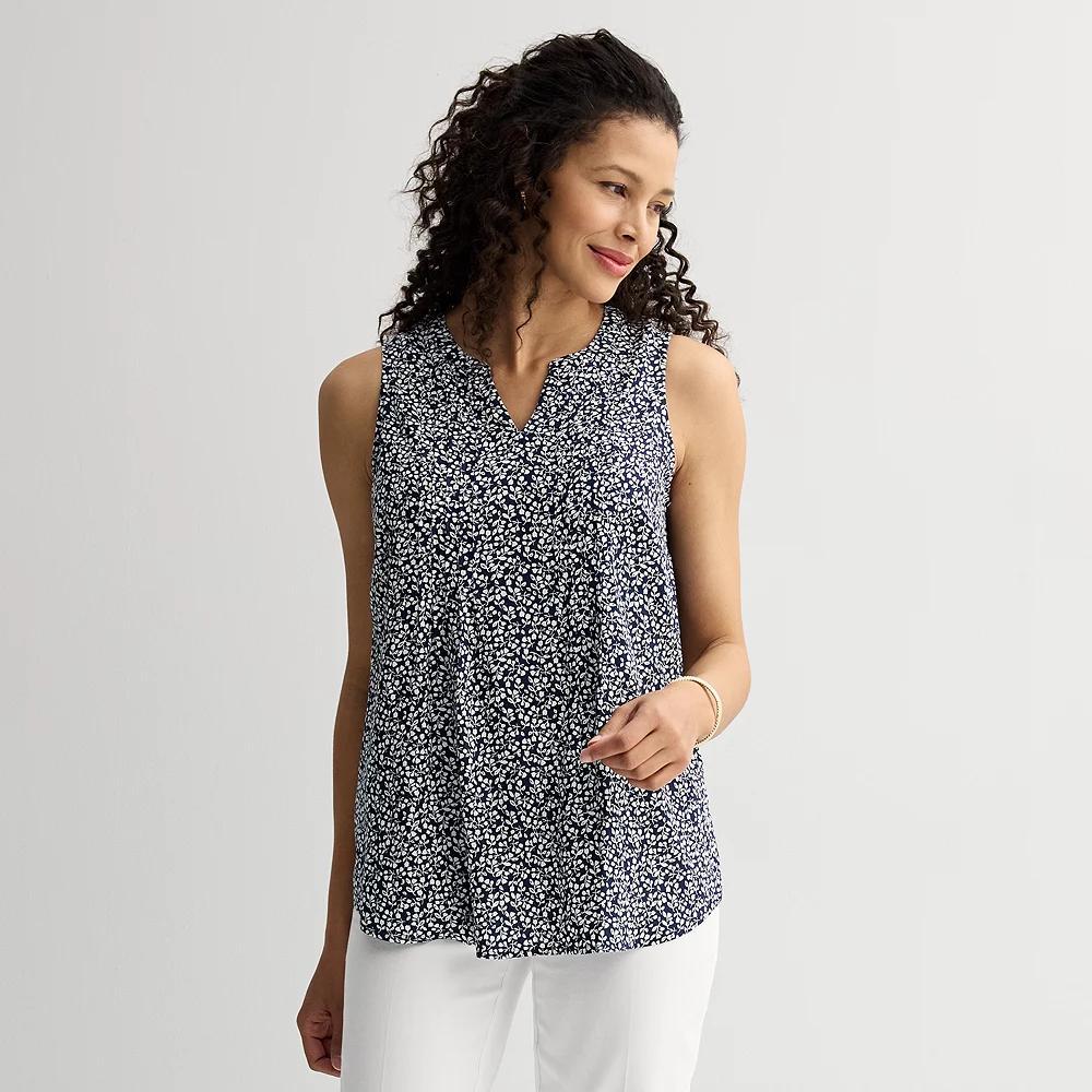 Womens Croft & Barrow Pintuck Sleeveless Shell Top Blue Tiny Blooms Product Image