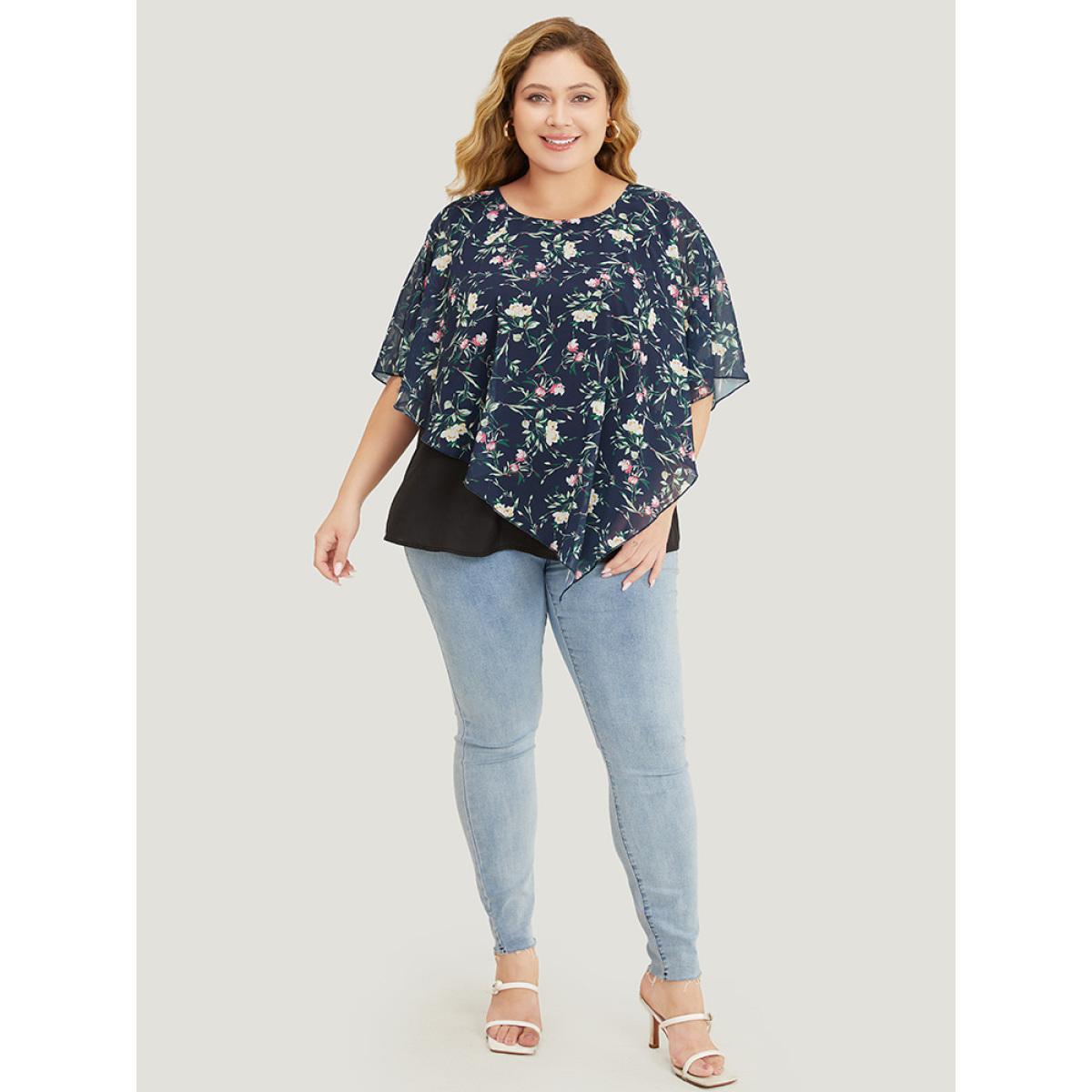 Plus Size Indigo Floral Round Neck Mesh Asymmetrical Hem Blouse Women Elegant Short sleeve Round Neck Dailywear Blouses BloomChic 22-24/3X Product Image