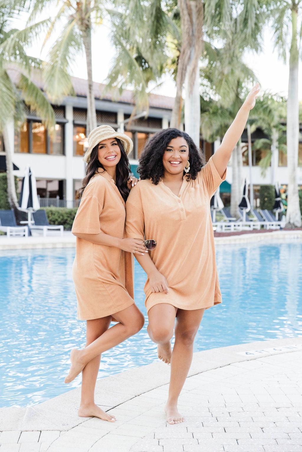 We're Better Together Tan Terry Button Front T-Shirt Dress FINAL SALE Product Image