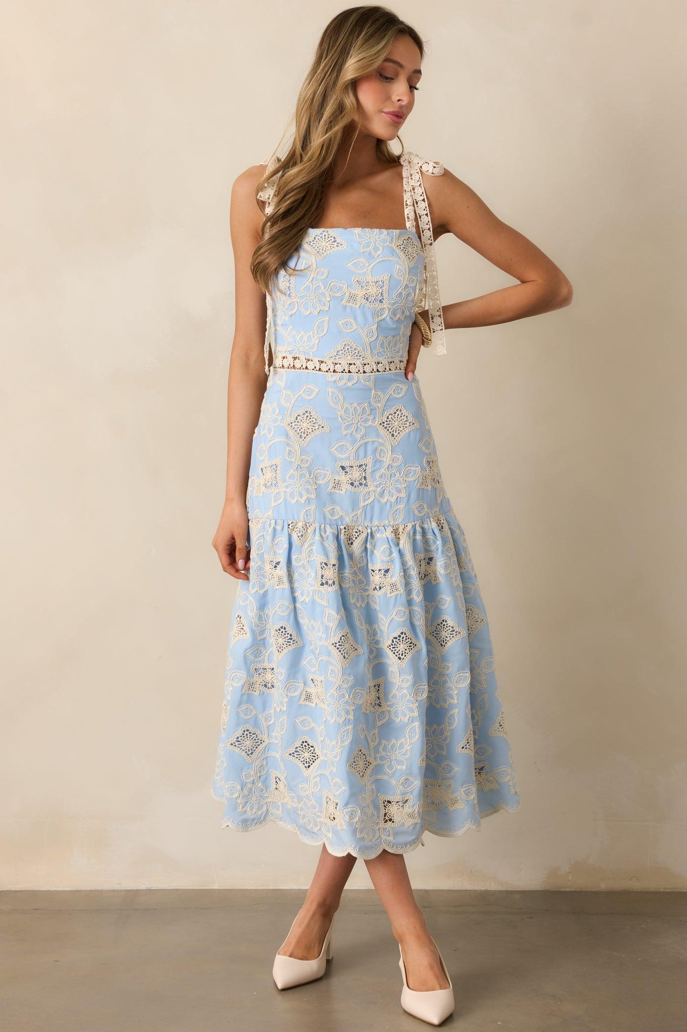 Rooftop Romance Sky Blue Floral Embroidered Midi Dress Product Image