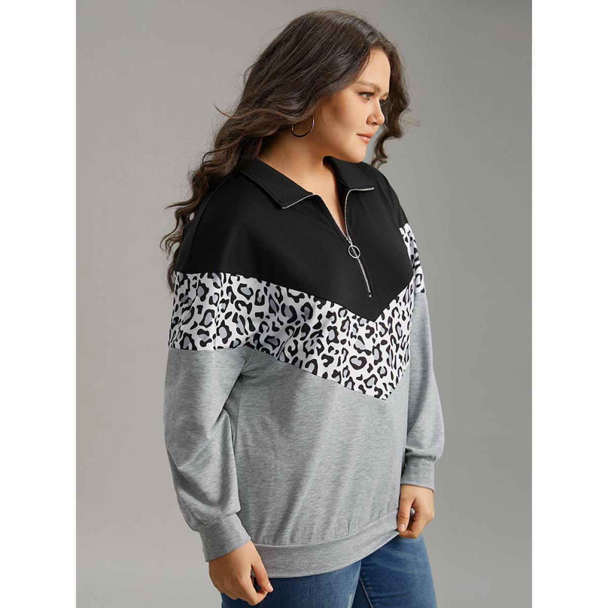 Plus Size Leopard Contrast Patchwork Half Zip Sweatshirt Women Black Casual Elastic cuffs Loose Polo Everyday Sweatshirts BloomChic 26/4X Product Image