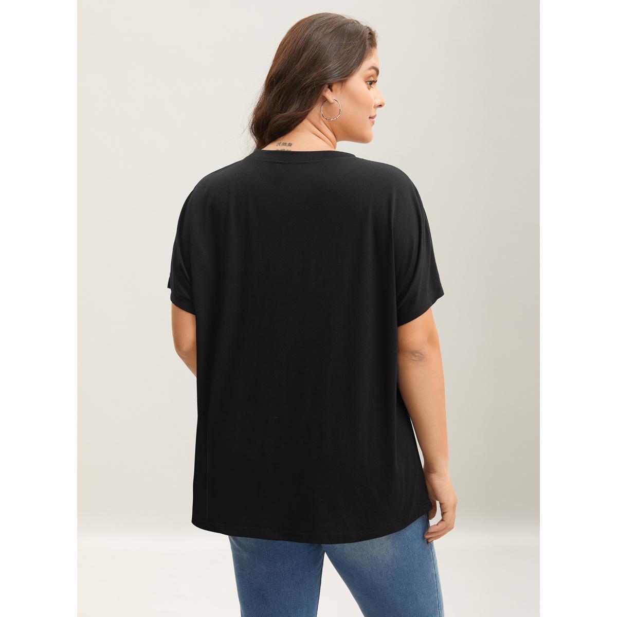 Plus Size Lace Design Color Contrast T-Shirt Black Women Casual Contrast Round Neck Everyday-Casual T-shirts BloomChic 10/M Product Image